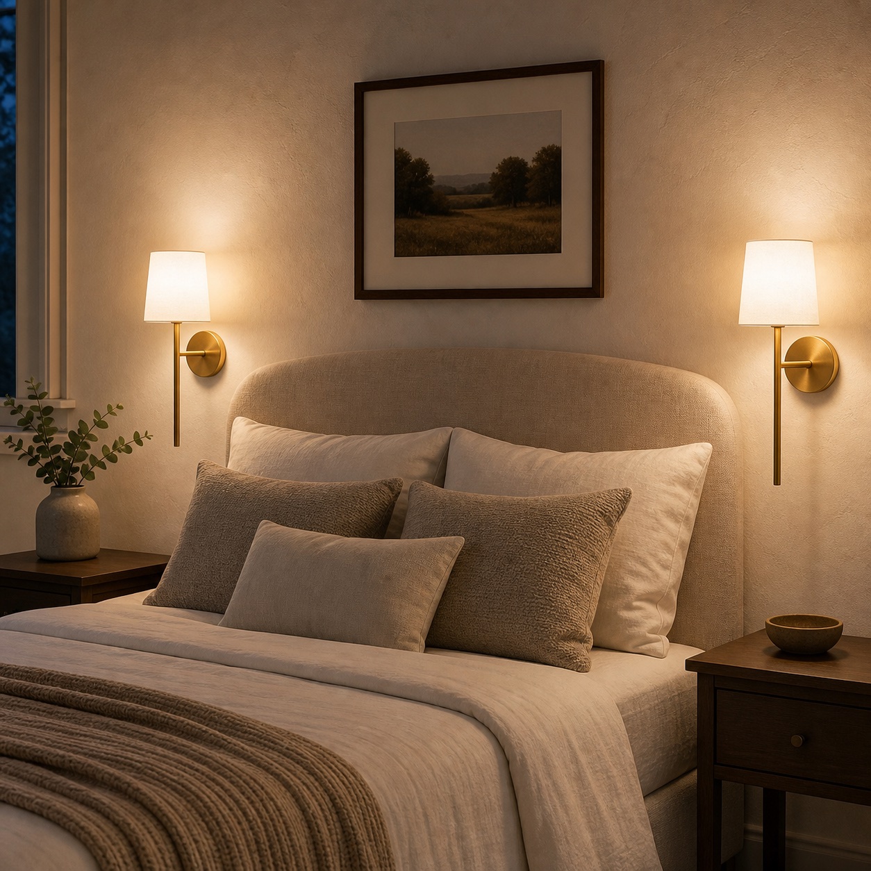 AI-generated representation of two gold battery-operated wall sconces with white shades beside a bed